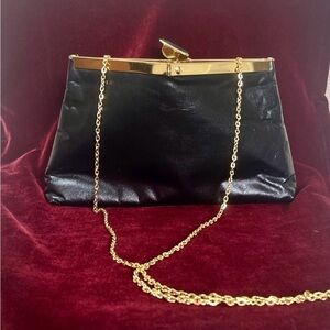 Vintage Etra Leather Clutch Purse Black Gold Frame Chain Evening Bag Women